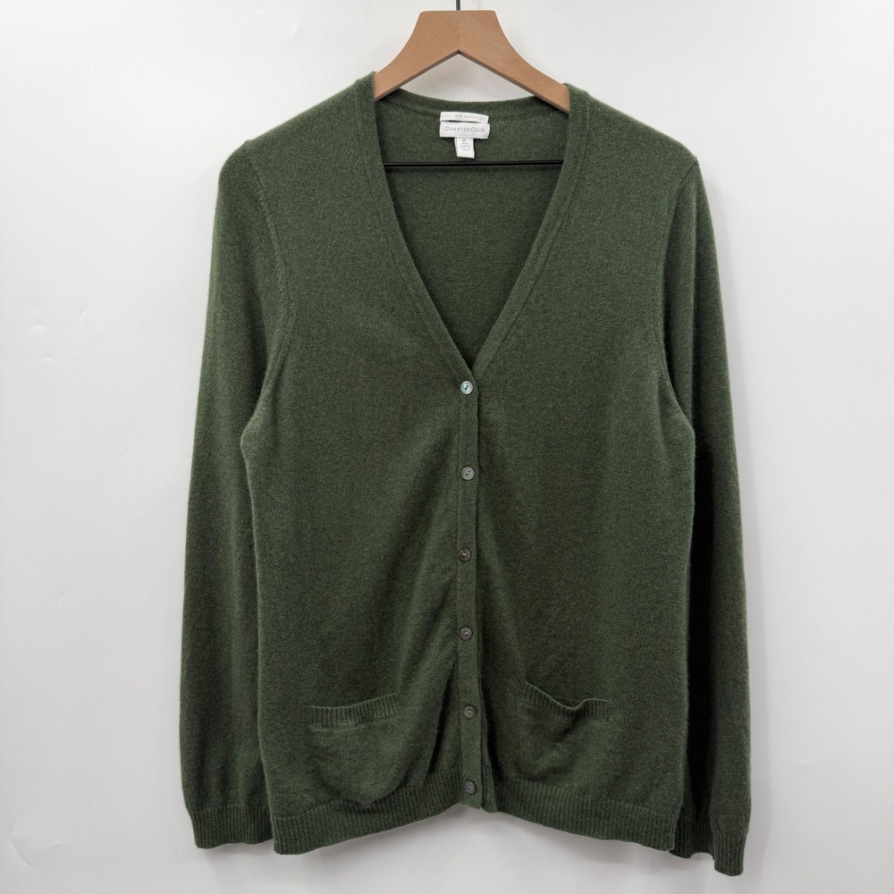 Charter Club 100% Cashmere V-Neck Cardigan in Olive Green Size XL (small flaw)